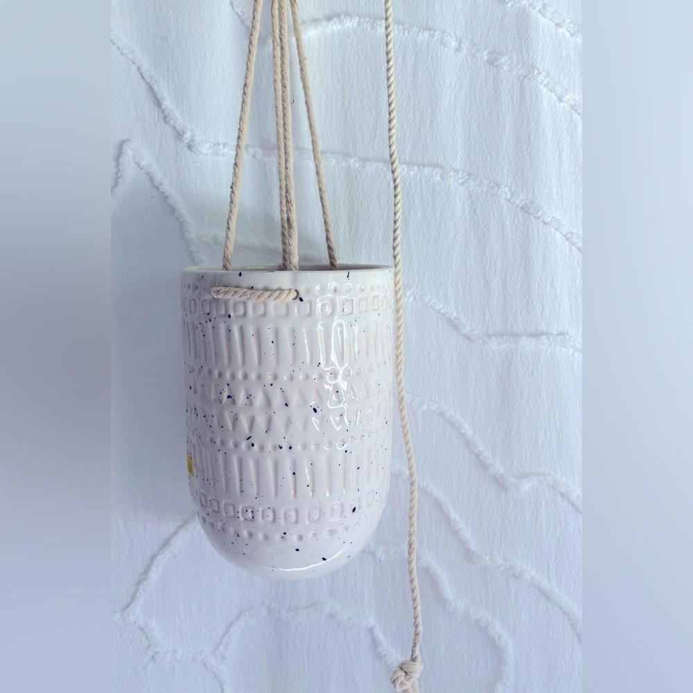 Large Ceramic Hanging Planter Boho Aztec White Rope Plant Holder